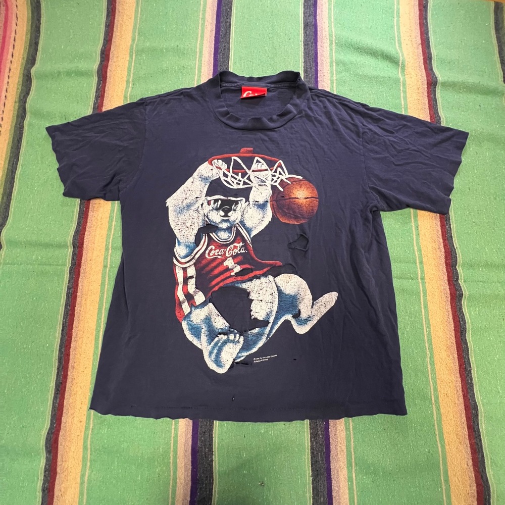 Coca-Cola T-Shirt Mens L Navy 1995 Polar Bear Basketball Vintage 90s Thrashed